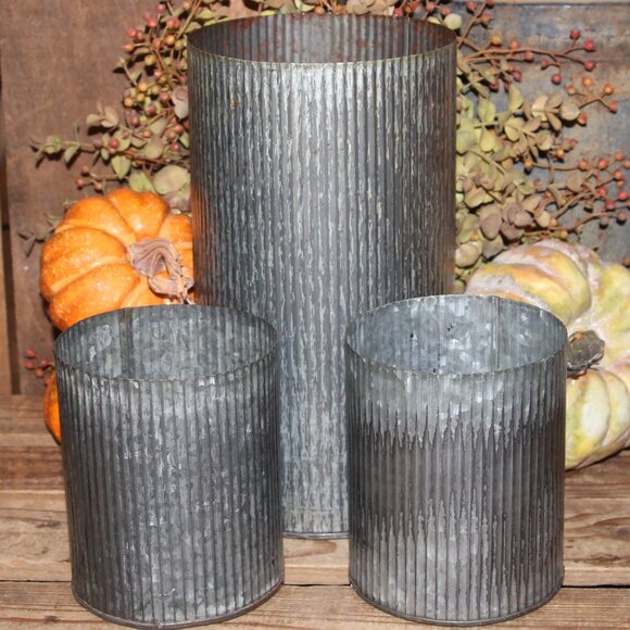 NEW Set of Rustic Corrugated Metal Zinc Farmhouse Cylinder Can Vases Pots - Picture 2 of 5